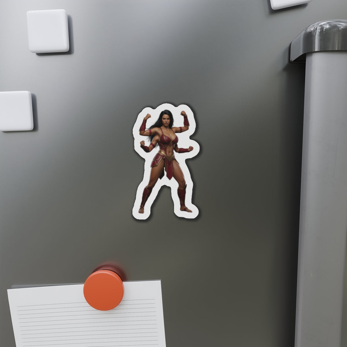 Sheeva Magnet – Mortal Kombat Warrior Fridge Magnet, Anime Style Decor on fridge showing die-cut anime-style vinyl warrior magnet