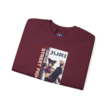 Juri Sweatshirt, Street Fighter Crewneck, Bold Fighting Game Apparel for Fans folded burgundy crewneck with Juri artwork