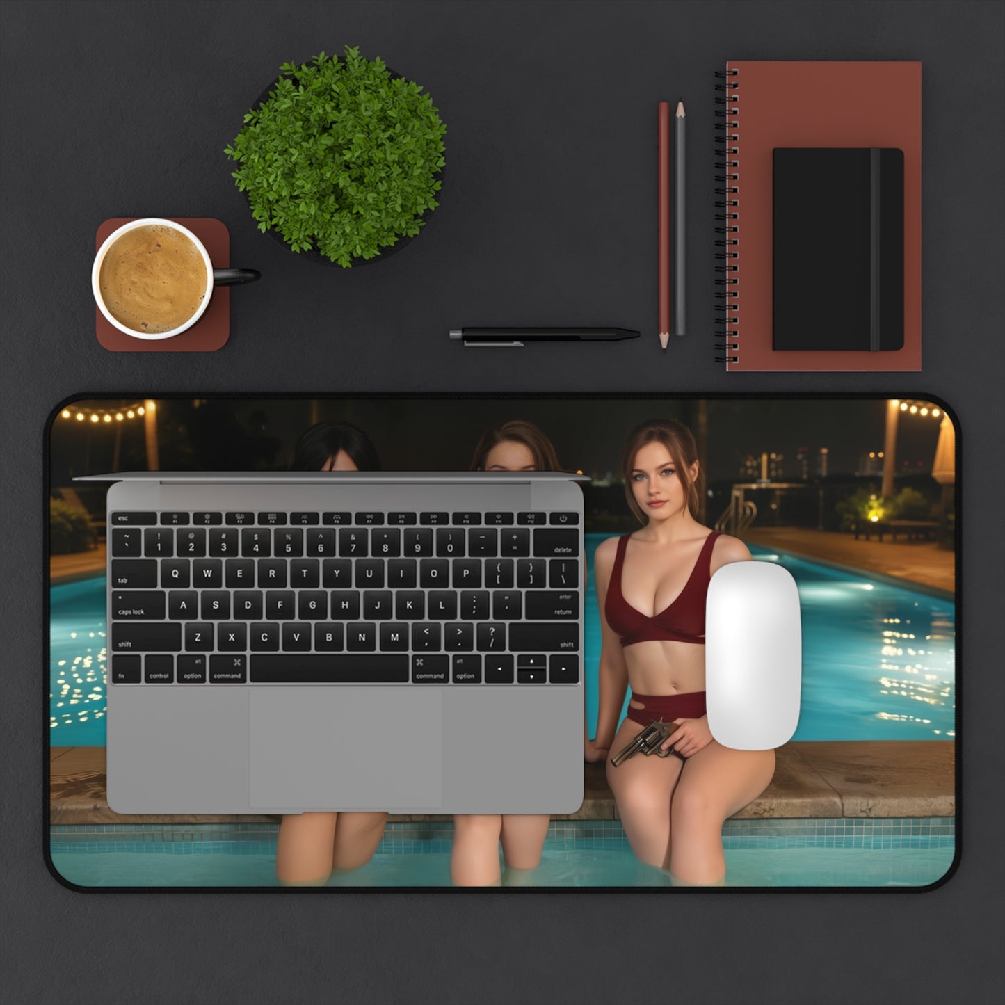 Ada Wong Claire Redfield Jill Valentine Gaming Mouse Pad, Survival Horror Desk Mat featuring three heroines poolside artwork on premium desk mat