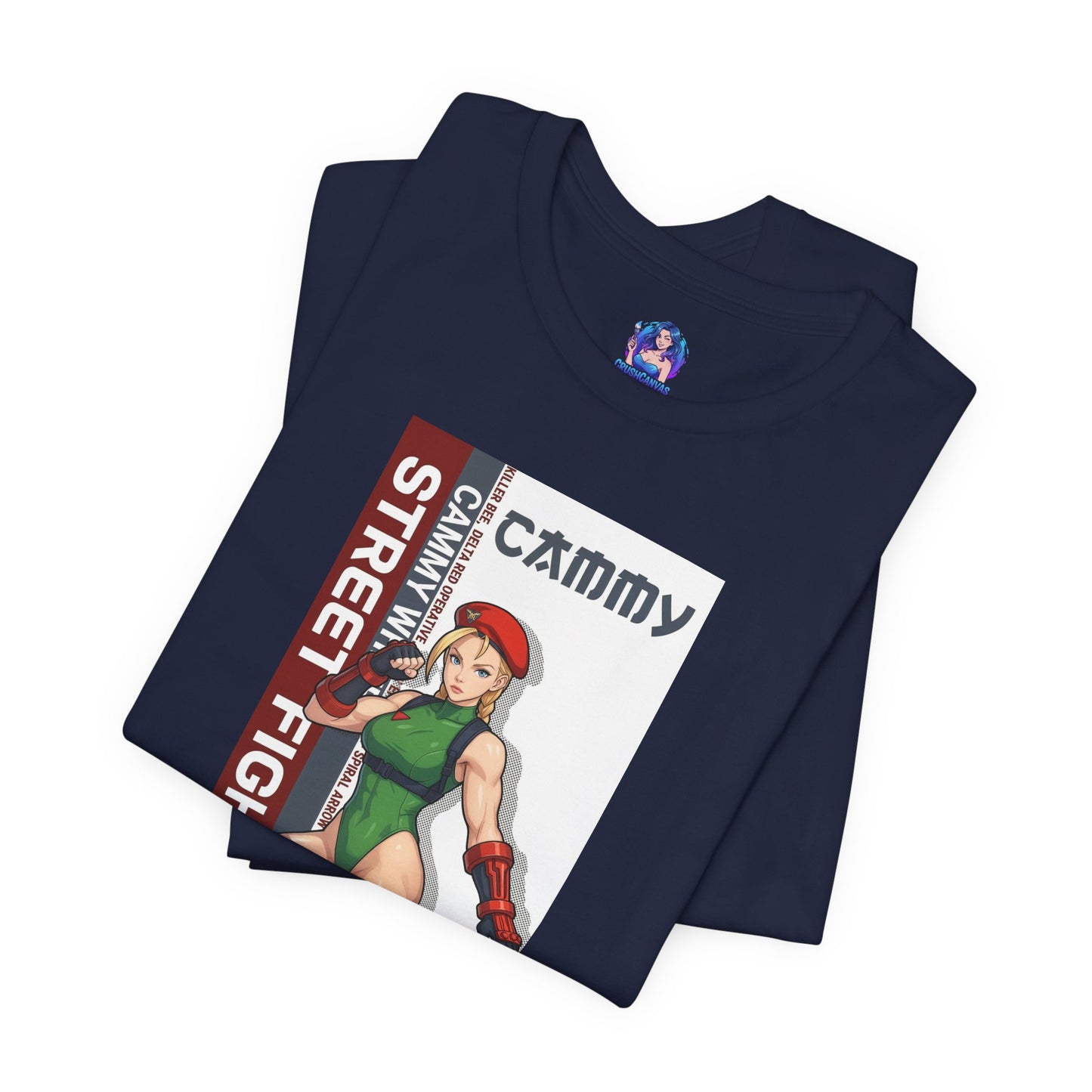 Cammy White T-Shirt | Street Fighter Anime Tee for Gamers & Fighting Game Fans - navy Bella Canvas tee with Cammy illustration