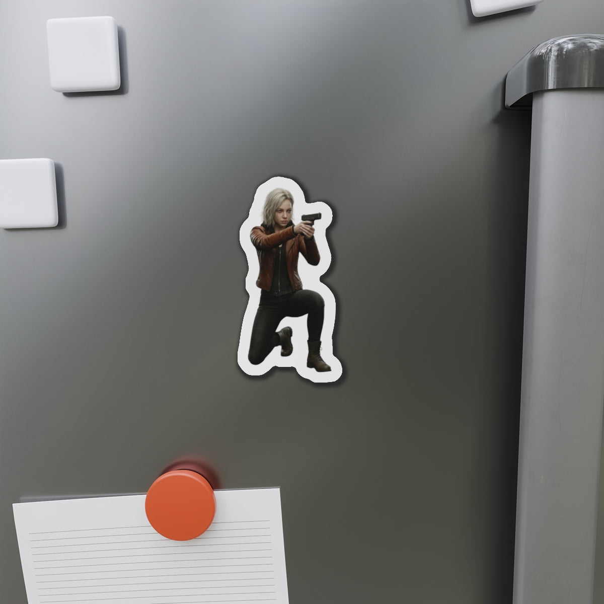 Grace Ashcroft Magnet, Resident Evil Fridge Magnet, Survival Horror Game Decor - high-res vinyl magnet of Grace aiming pistol on refrigerator