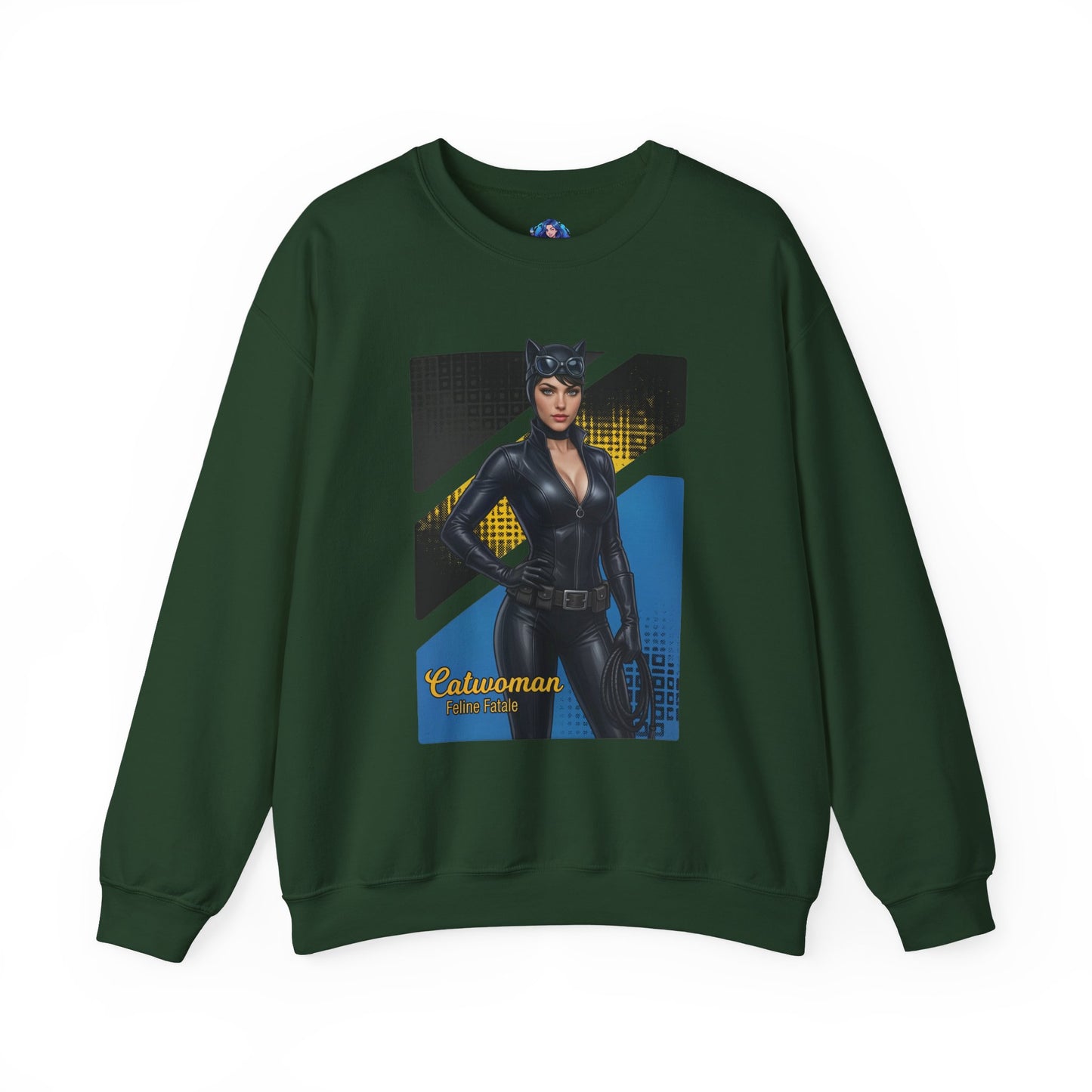 Catwoman Sweatshirt, DC Comics Crewneck, Sleek Superhero Apparel for Fans — dark green crewneck with glossy Catwoman graphic, sleek black suit and confident pose