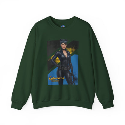 Catwoman Sweatshirt, DC Comics Crewneck, Sleek Superhero Apparel for Fans — dark green crewneck with glossy Catwoman graphic, sleek black suit and confident pose