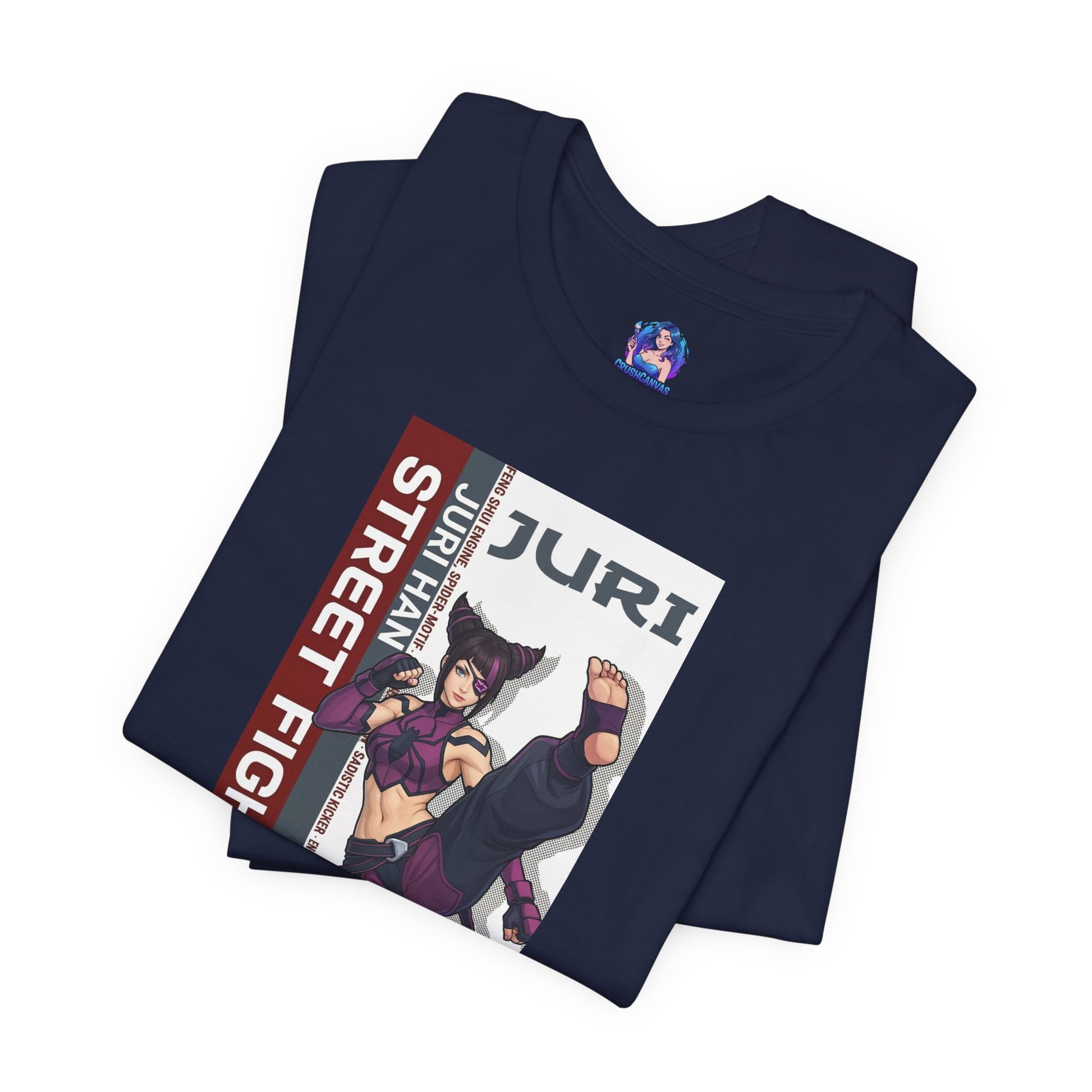 Juri Han T-Shirt | Street Fighter Anime Tee for Gamers & Fighting Game Fans navy Bella Canvas tee featuring bold anime-style Juri illustration