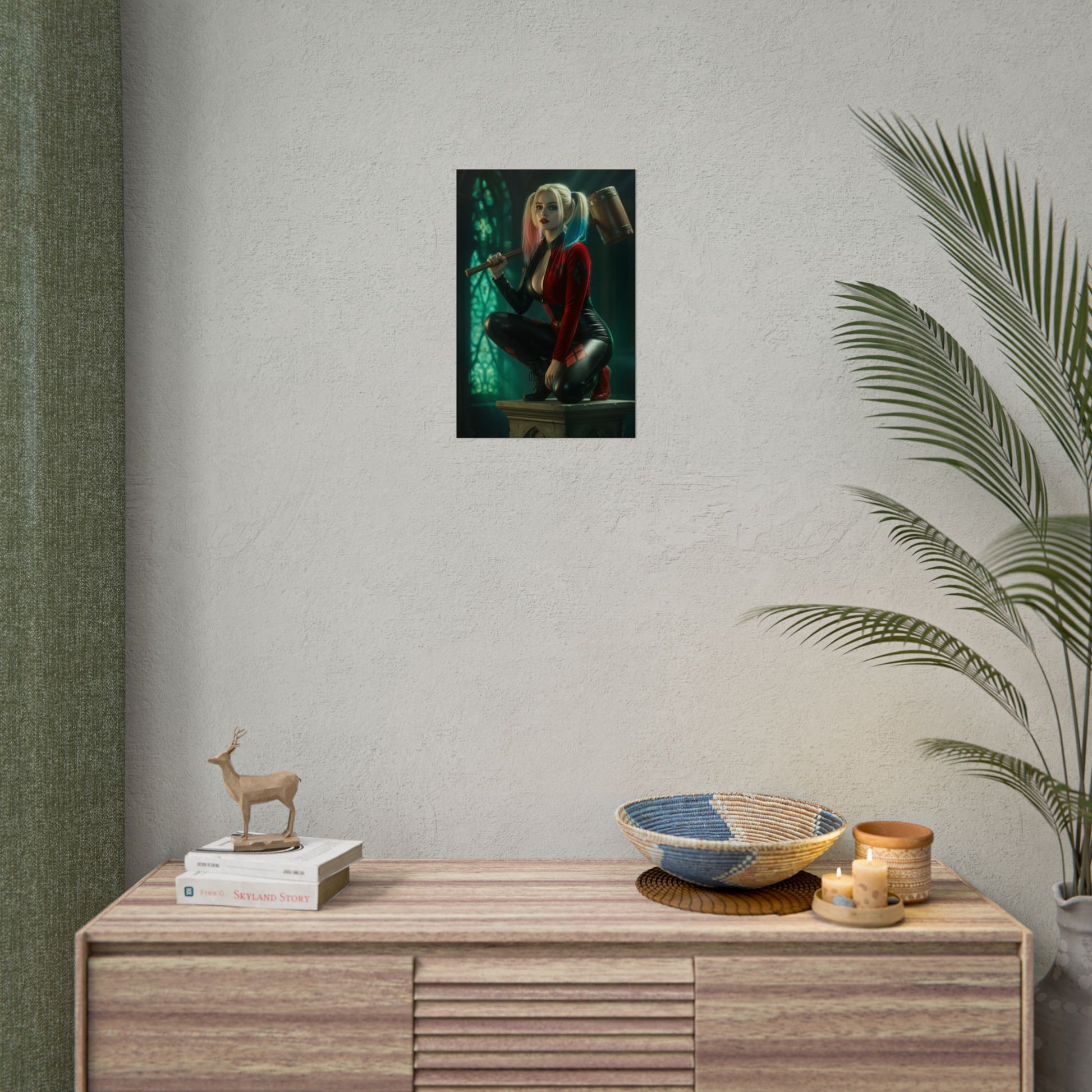 Harley Quinn Poster – Iconic Comic Heroine Wall Art for Gamer Decor hanging above dresser in modern gaming room