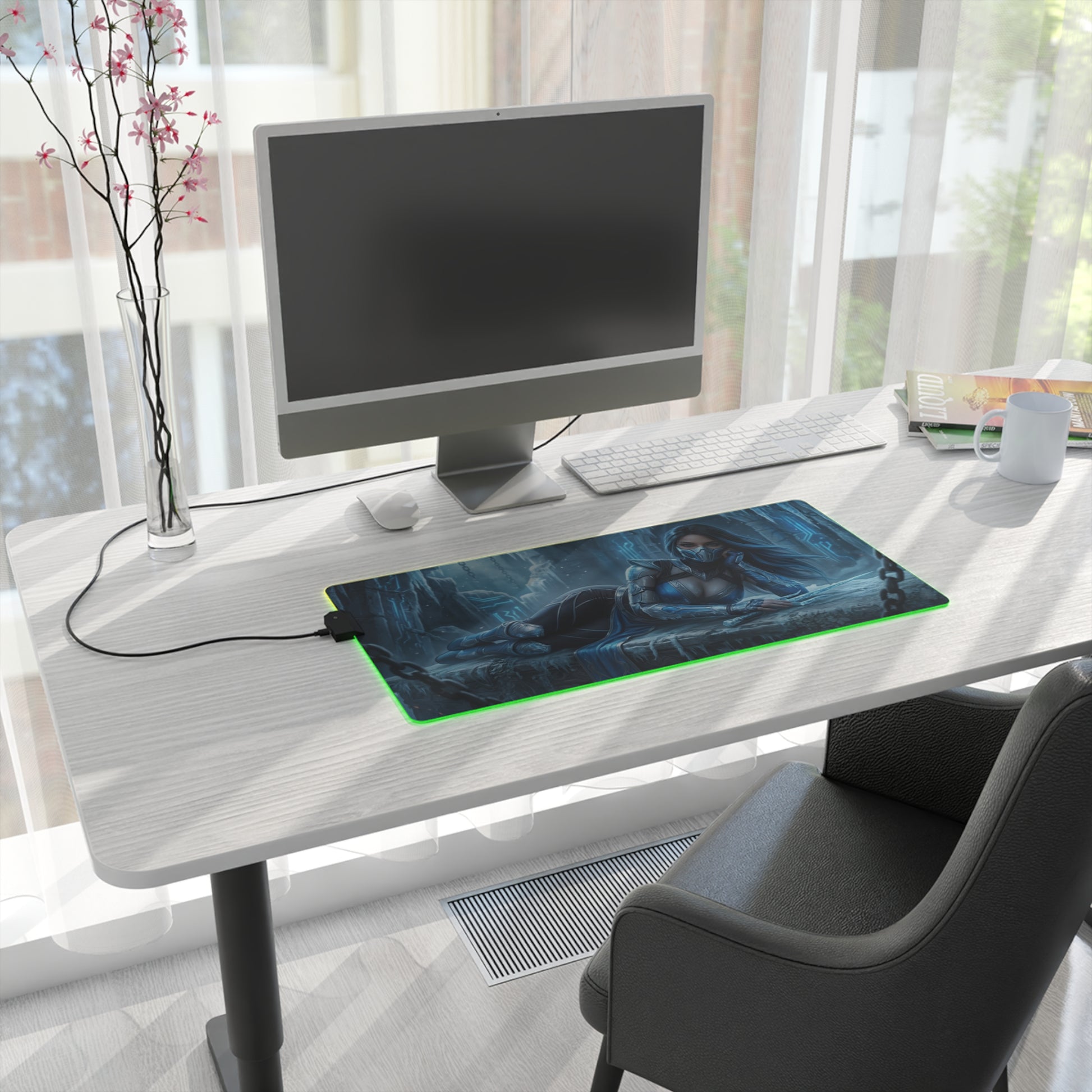 Frost Desk Mat – LED RGB Pad, Waifu Fighter Anime Girl Setup on white desk with modern PC and green RGB glow