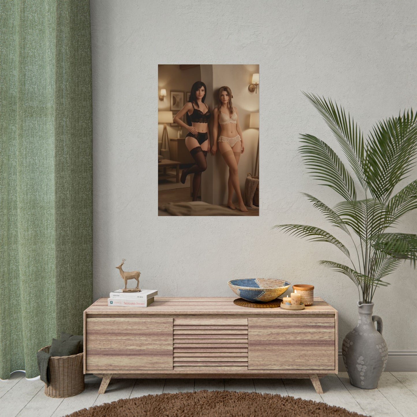 Tifa Aerith Poster, Final Fantasy VII Art Print – Collector RPG Wall Art close-up bedroom poster featuring Tifa and Aerith posing in lingerie