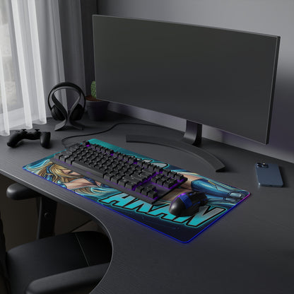 Samus Aran RGB Desk Mat, Sci-Fi Action Gaming Mouse Pad, LED Desk Mat for Gamer Setup on dark gaming desk with keyboard and RGB lighting