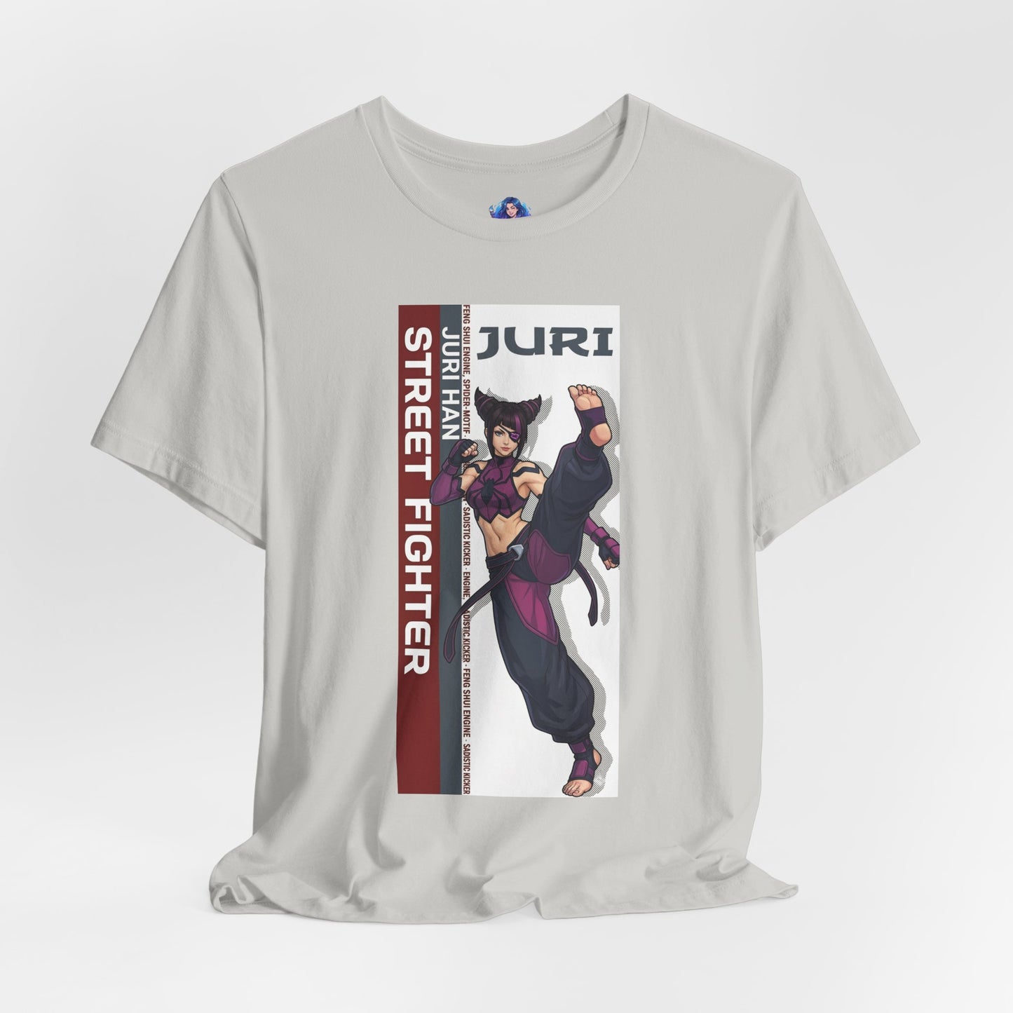 Juri Han T-Shirt | Street Fighter Anime Tee for Gamers & Fighting Game Fans - Bella Canvas print showing Juri in dynamic kick pose