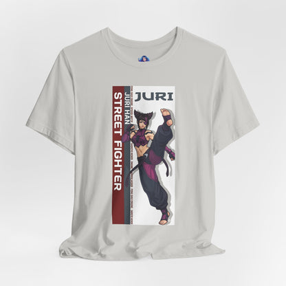 Juri Han T-Shirt | Street Fighter Anime Tee for Gamers & Fighting Game Fans - Bella Canvas print showing Juri in dynamic kick pose