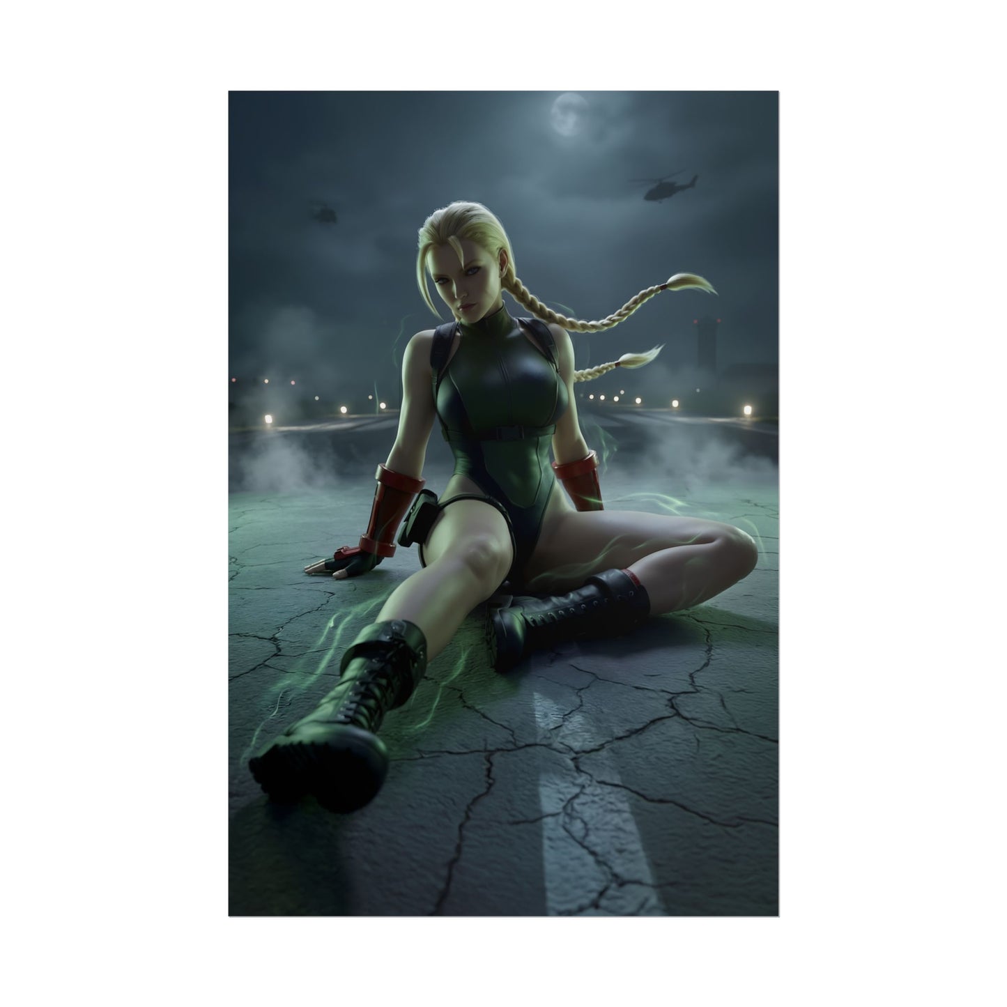 Cammy White Poster / Cammy White Wall Art / Cammy White Art Print / Street Fighter Poster - low-angle cinematic Cammy on runway under stormy night sky