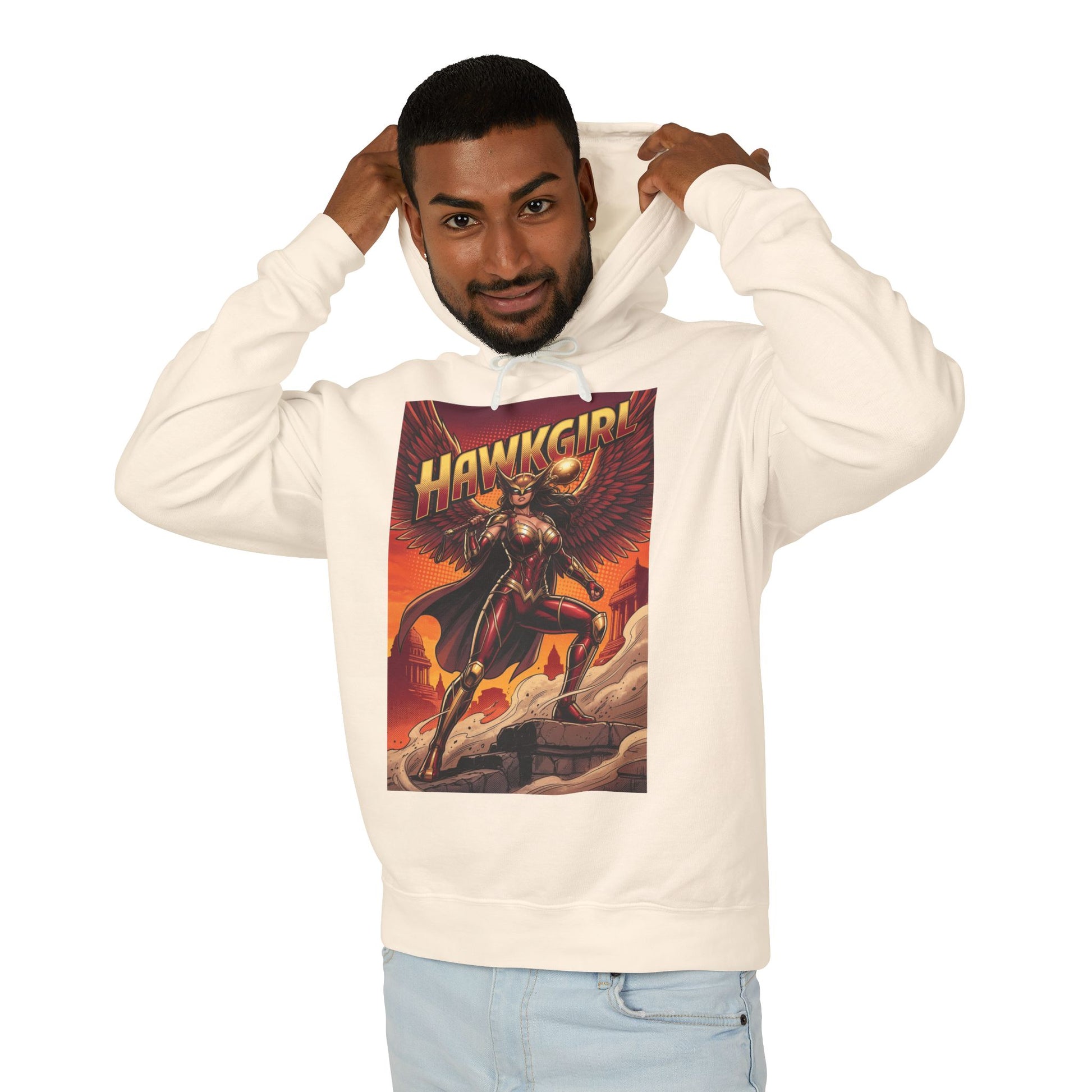Hawkgirl Hoodie | DC Superhero Hoodie | Winged Warrior Pullover - man wearing cream pullover with bold Hawkgirl comic art
