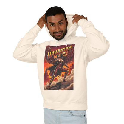Hawkgirl Hoodie | DC Superhero Hoodie | Winged Warrior Pullover - man wearing cream pullover with bold Hawkgirl comic art