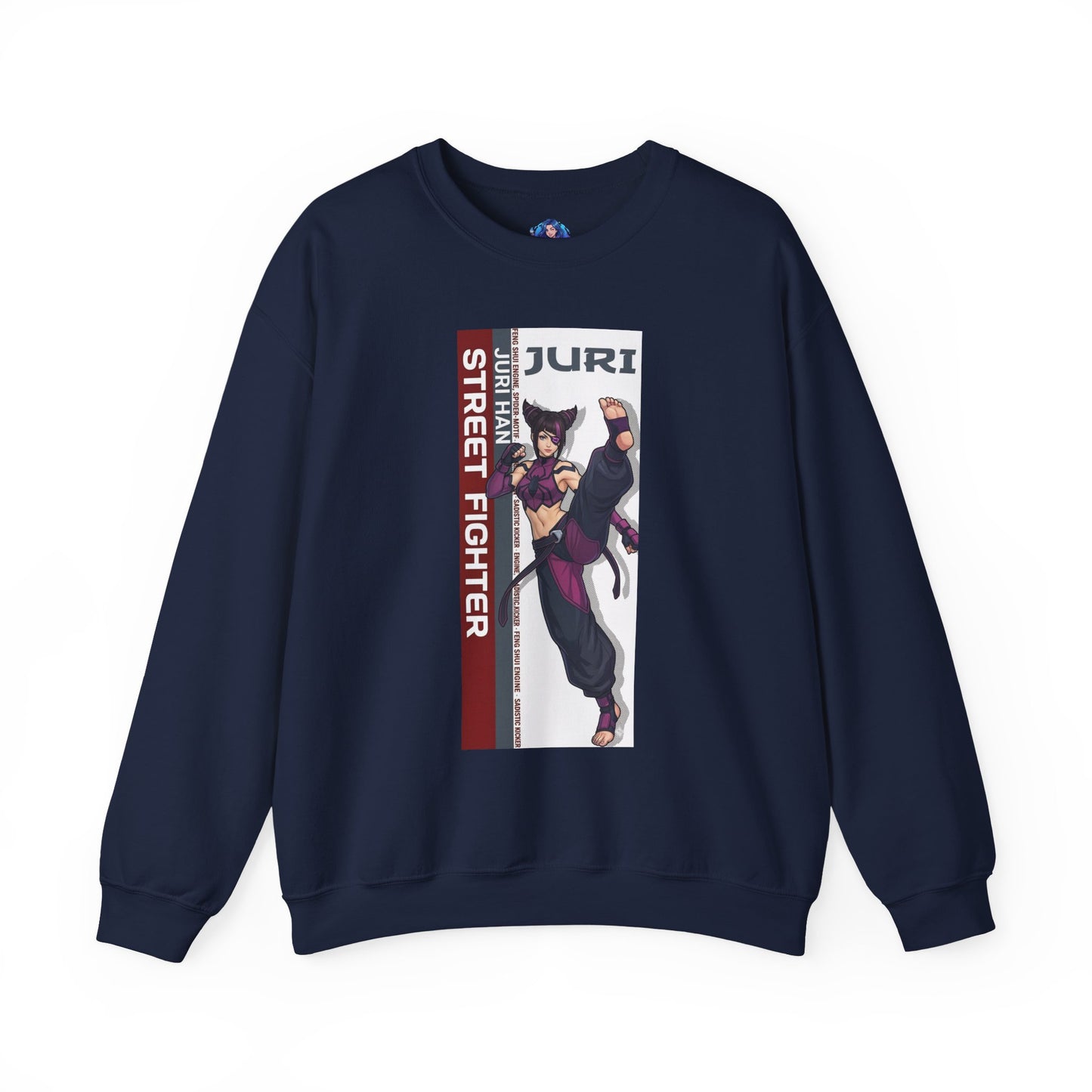 Juri Sweatshirt, Street Fighter Crewneck, Bold Fighting Game Apparel for Fans - navy crewneck with Juri artwork