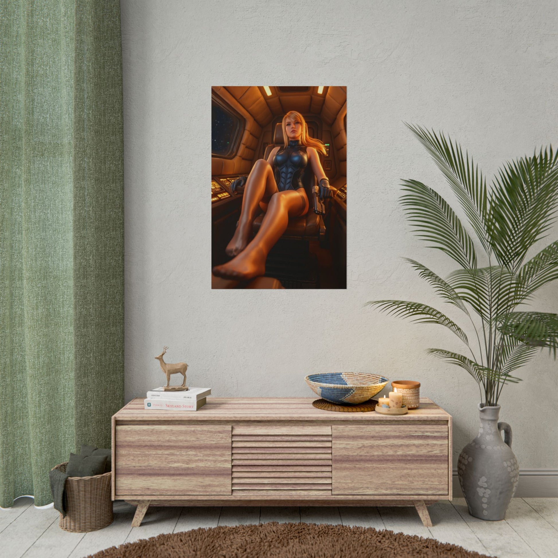 Samus Aran Poster, Sci-Fi Art Print – Iconic Space Armor Heroine showcased in modern gaming room decor on neutral wall