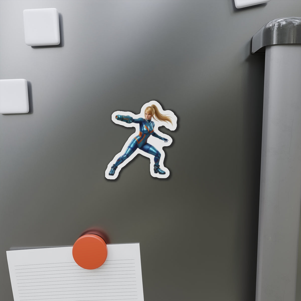 Samus Aran Magnet – Classic Sci-Fi Game Character Fridge Magnet, Decor die-cut vinyl fridge magnet showing anime-style Samus Aran on metallic fridge