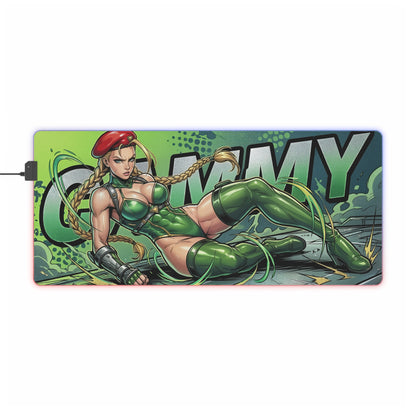 Cammy RGB Desk Mat, Fighting Game Gaming Mouse Pad, LED Desk Mat for Gamer Setup with bold military-inspired artwork of Cammy reclining in green outfit and RGB edge
