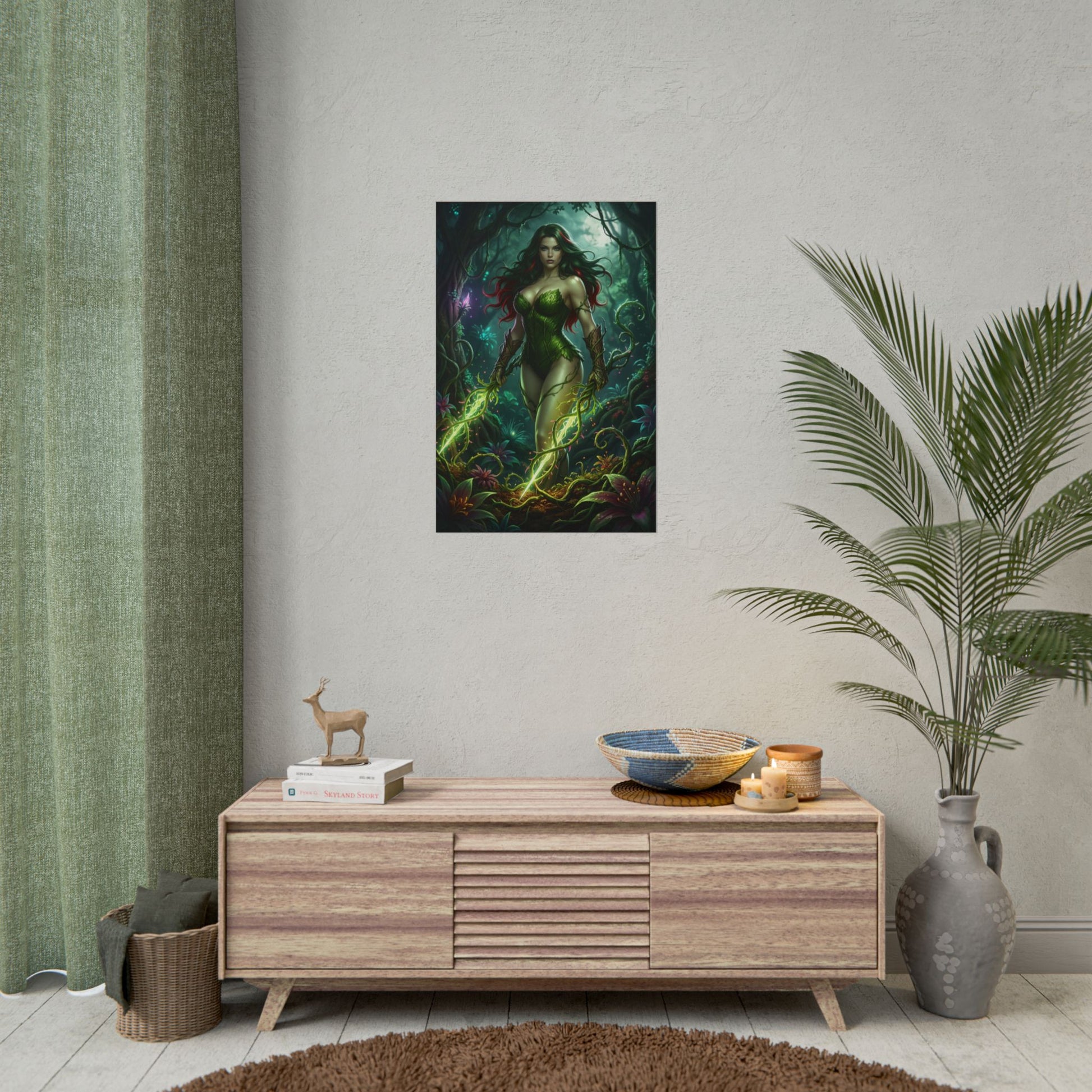 Poison Ivy Poster, DC Art Print – Iconic Comic Villain Heroine Wall Art - vivid nature-themed comic poster in modern living room