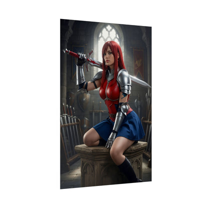 Erza Scarlet Poster, Fairy Tail Art Print, Iconic Armor Warrior Wall Decor featuring armored Erza Scarlet kneeling with sword in gothic armory