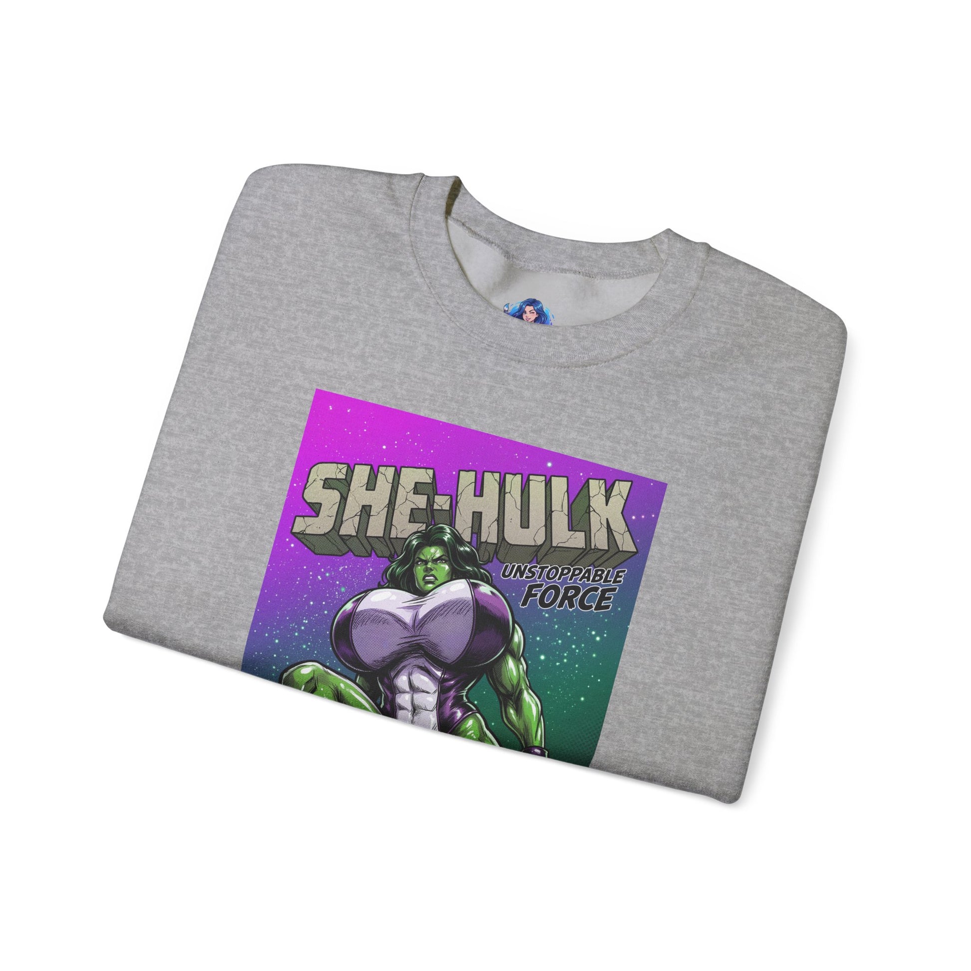 She-Hulk Sweatshirt, Comic Character Art, Premium Fan Apparel – folded grey crewneck with vivid green She-Hulk illustration and bold comic title