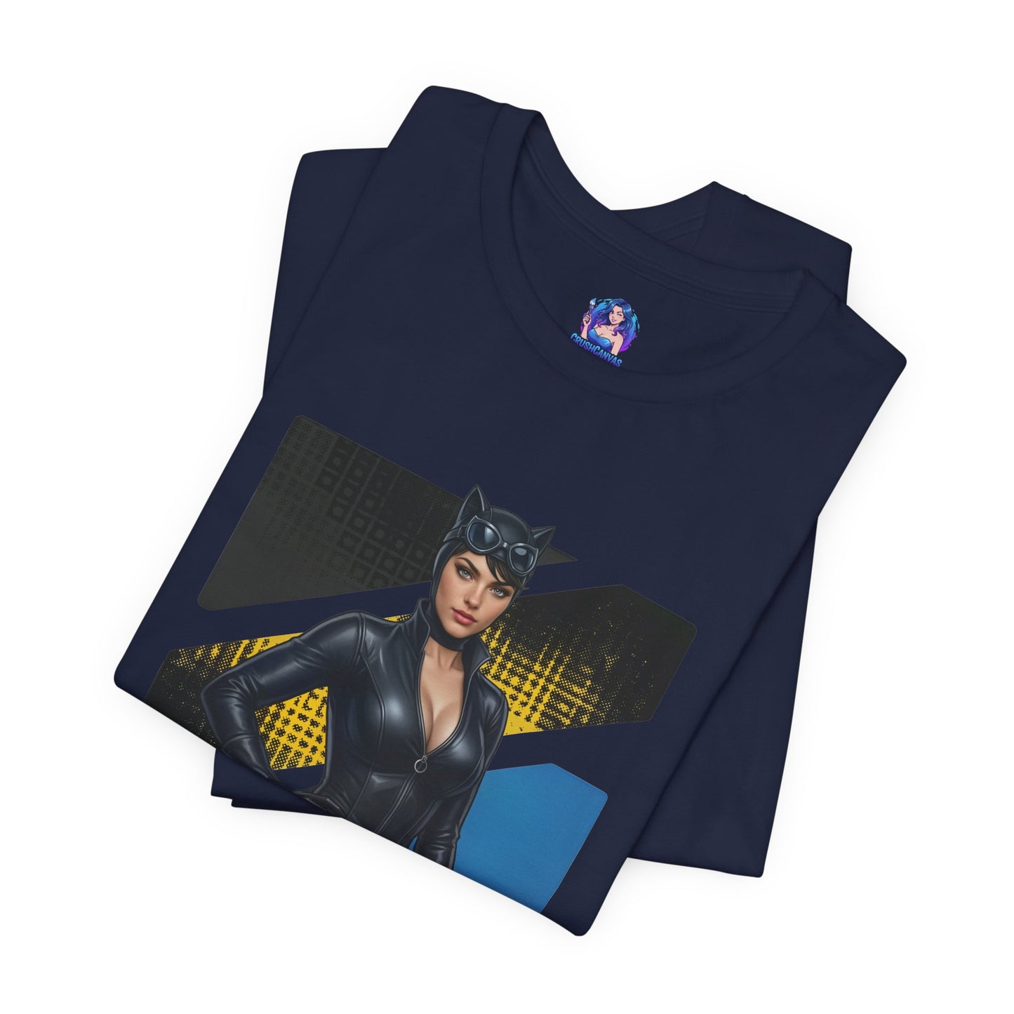 Catwoman T-Shirt | DC Comics Anime Tee for Gamers & Comic Fans folded navy Bella Canvas tee showing anime-style Catwoman illustration