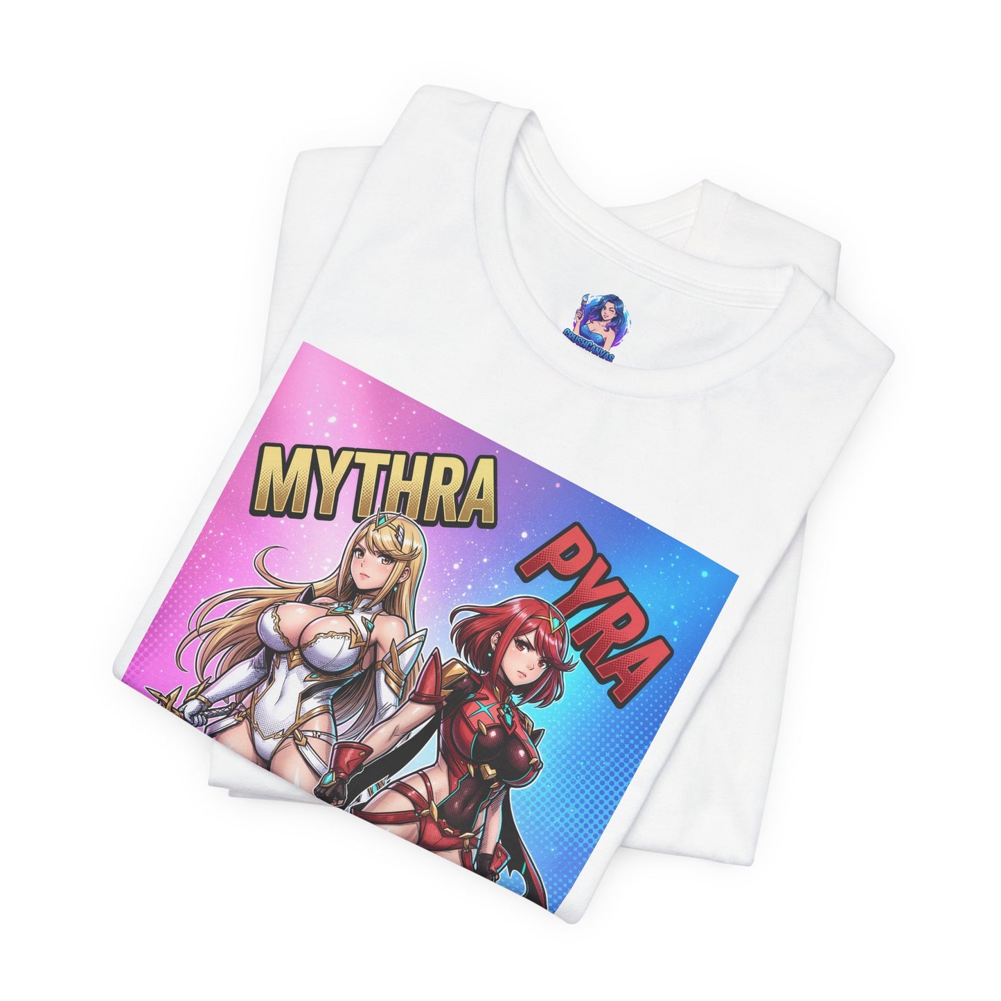 Mythra and Pyra T-Shirt | Anime Tee for Gamers white Bella Canvas tee showing side-by-side Mythra and Pyra anime illustration