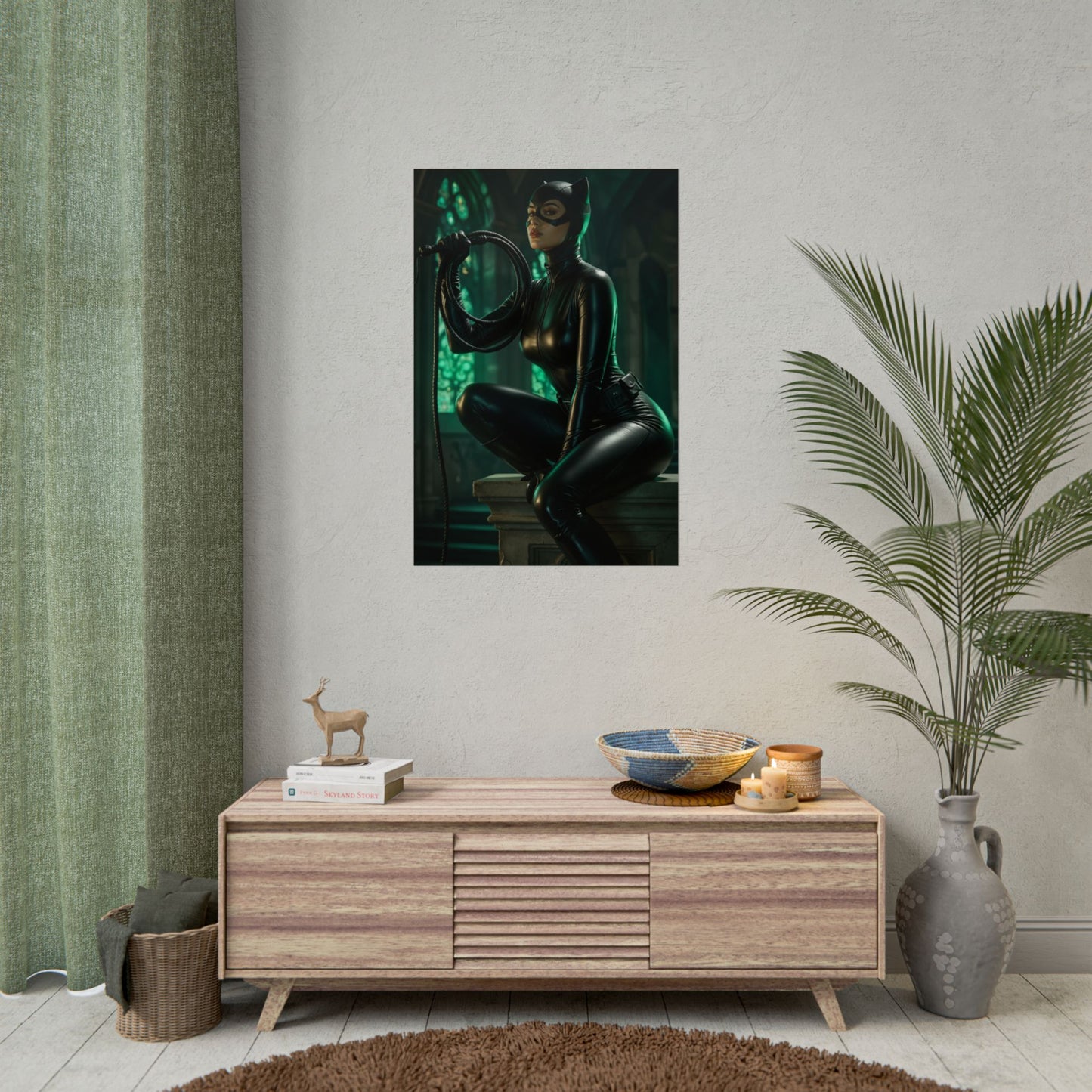 Black Cat Marvel Poster – Iconic Comic Anti-Heroine Wall Art Decor, glossy high-res poster of Black Cat in sleek costume displayed over console