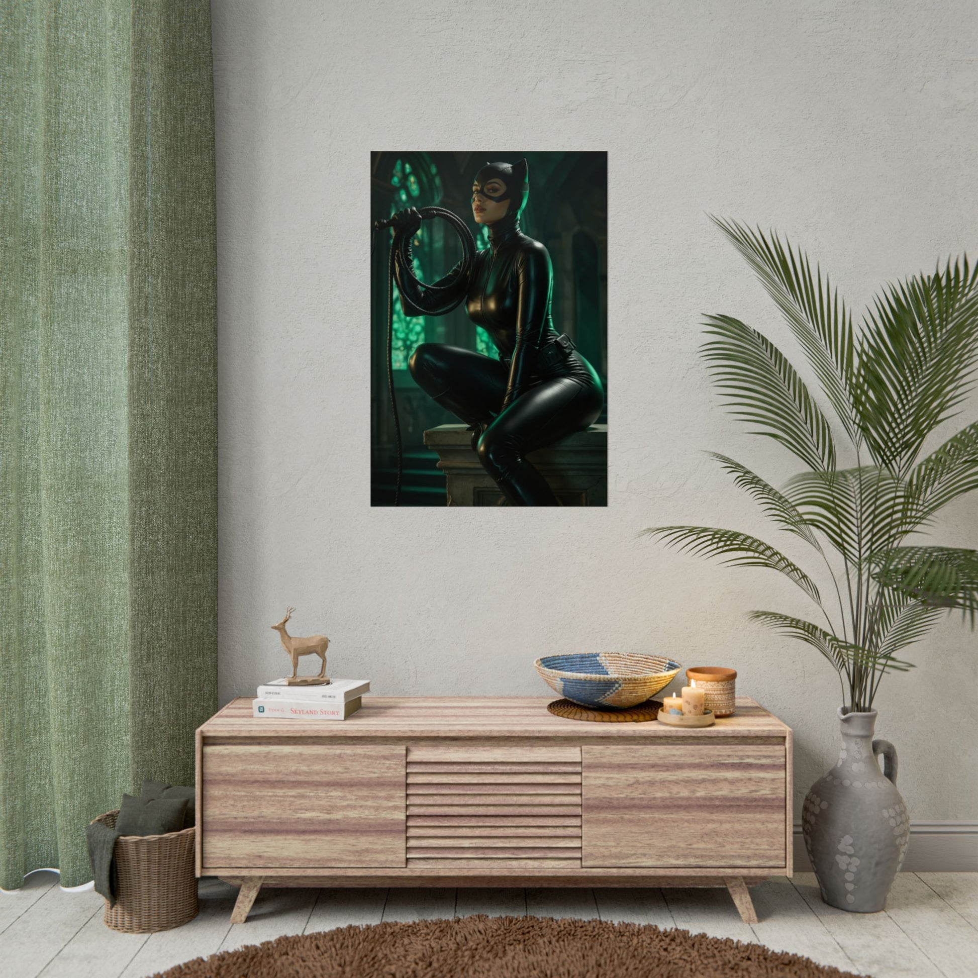 Black Cat Marvel Poster – Iconic Comic Anti-Heroine Wall Art Decor, glossy high-res poster of Black Cat in sleek costume displayed over console