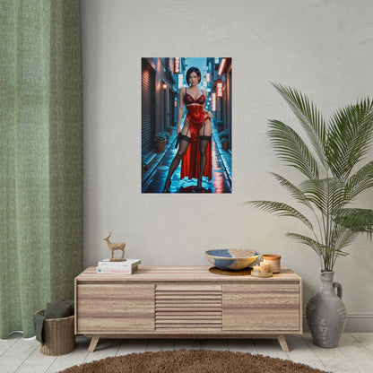 Ada Wong Poster, Anime-Mädchen im roten Kleid Kunstdruck, Waifu-Spionin Wanddeko