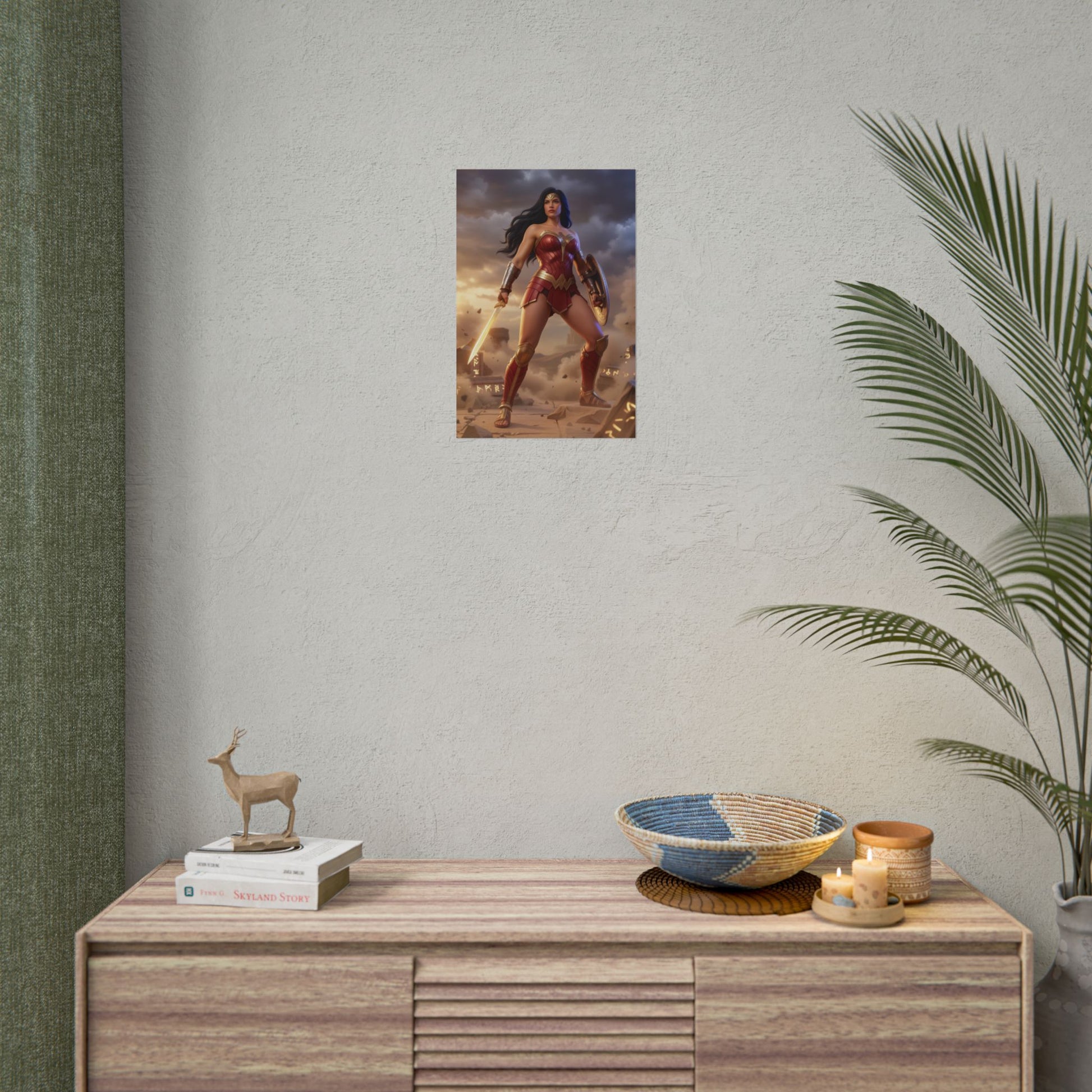 Wonder Woman Poster, DC Comics Wall Art Print – Heroine Decor on neutral wall above console in modern gamer or collector room