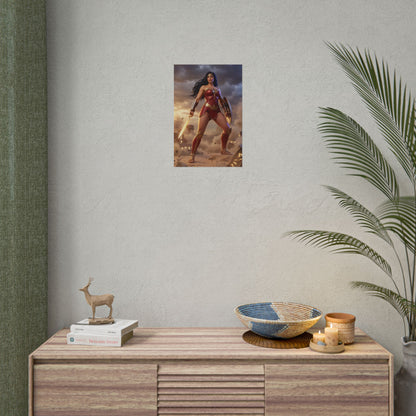 Wonder Woman Poster, DC Comics Wall Art Print – Heroine Decor on neutral wall above console in modern gamer or collector room