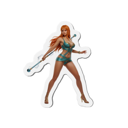 Nami Magnet – One Piece Anime Heroine Fridge Magnet, Pirate Decor: die-cut vinyl fridge magnet showing confident Nami in teal outfit with staff