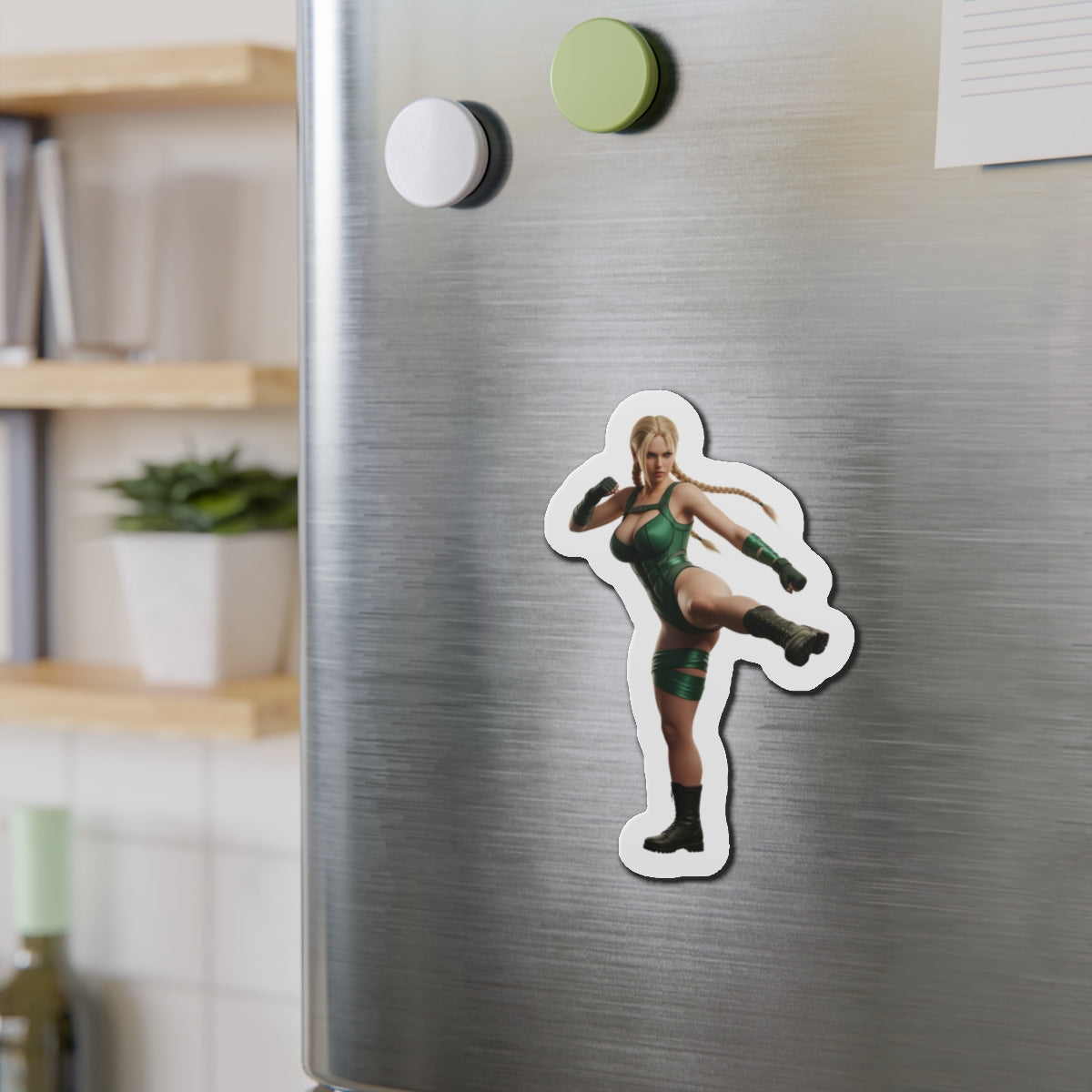 Cammy White Magnet – Street Fighter Anime Heroine Fridge Magnet, Game Decor showing die-cut vinyl on stainless fridge