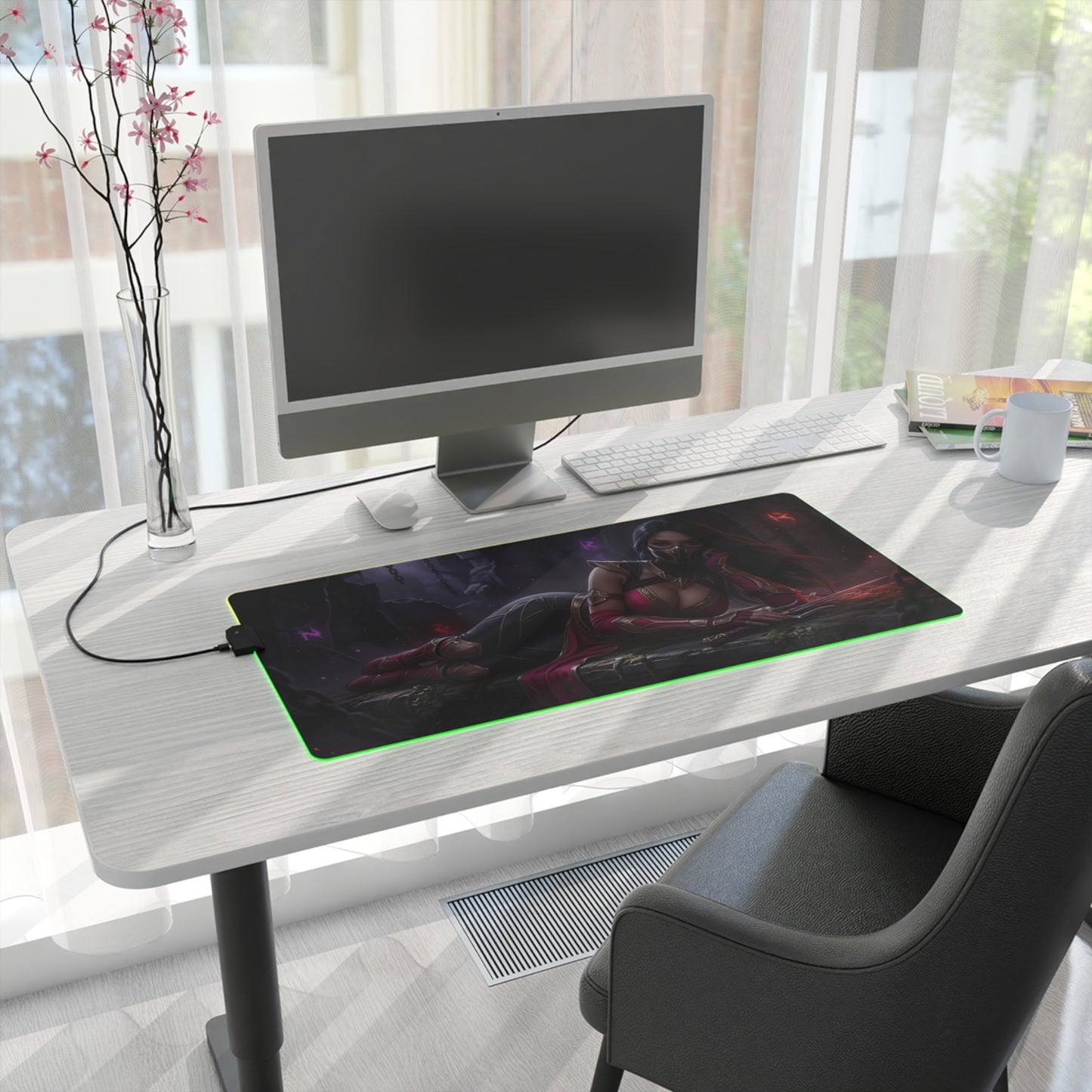 Mileena Desk Mat – LED RGB Pad, Waifu Assassin Anime Girl Setup on white desk with monitor, RGB lighting and precision-cloth surface