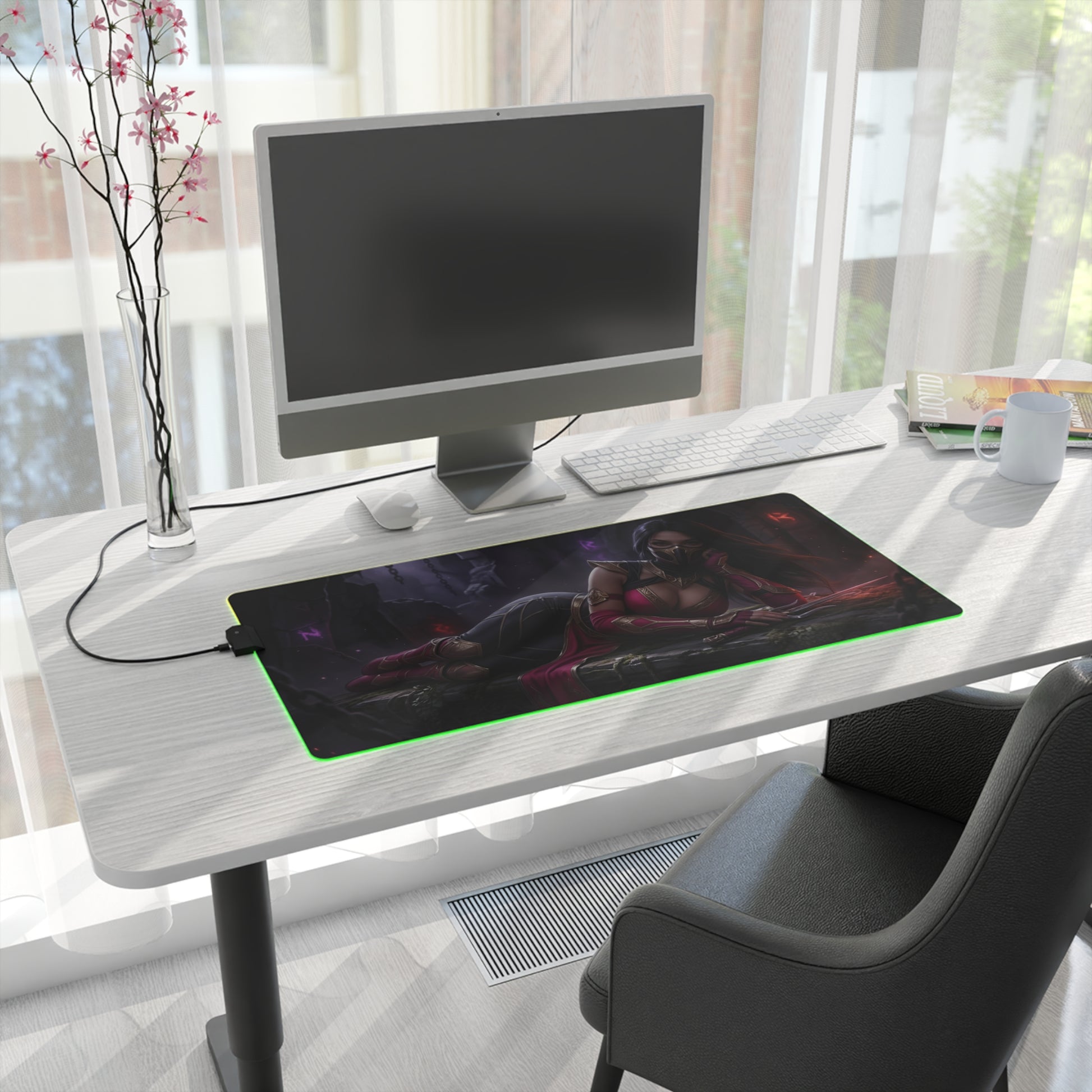 Mileena Desk Mat – LED RGB Pad, Waifu Assassin Anime Girl Setup on white desk with monitor, RGB lighting and precision-cloth surface