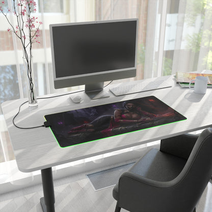 Mileena Desk Mat – LED RGB Pad, Waifu Assassin Anime Girl Setup on white desk with monitor, RGB lighting and precision-cloth surface