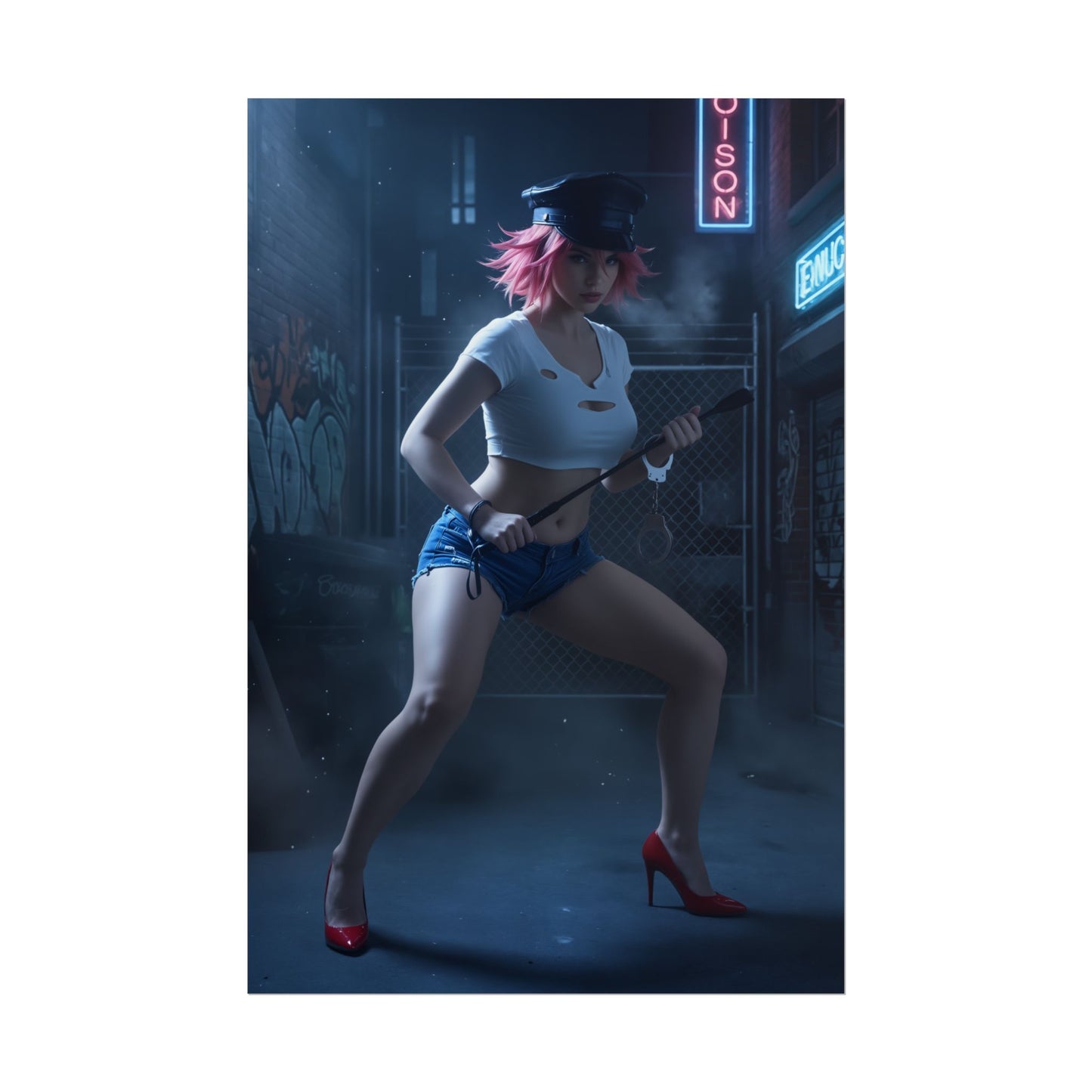 Poison Poster, Street Fighter Art Print – Iconic Fighting Game Heroine featuring rebellious arcade-style heroine in neon alley wielding a baton