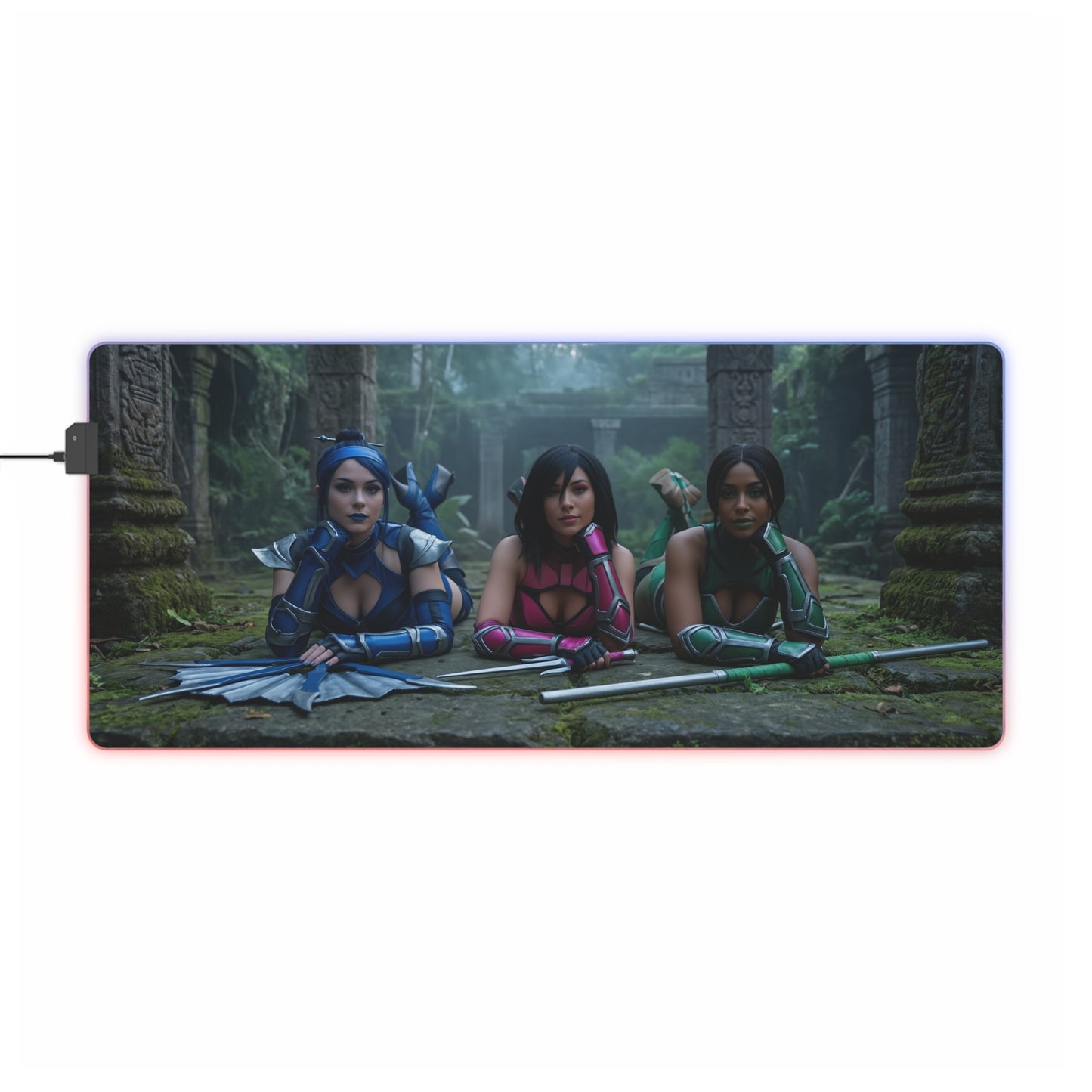 Kitana, Jade, Mileena Desk Mat – LED RGB Pad showcasing three Edenian warriors on a wide RGB gaming desk mat