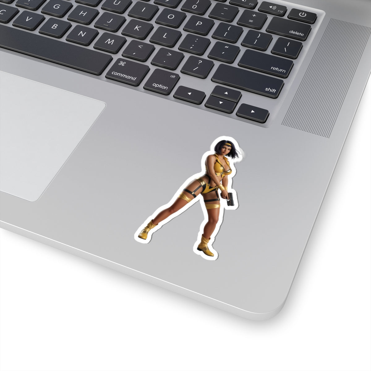 Faye Valentine Sticker – Anime Vinyl Sticker for Laptops & Indoor Decor on silver laptop, glossy durable vinyl, vibrant colors, bubble-free application