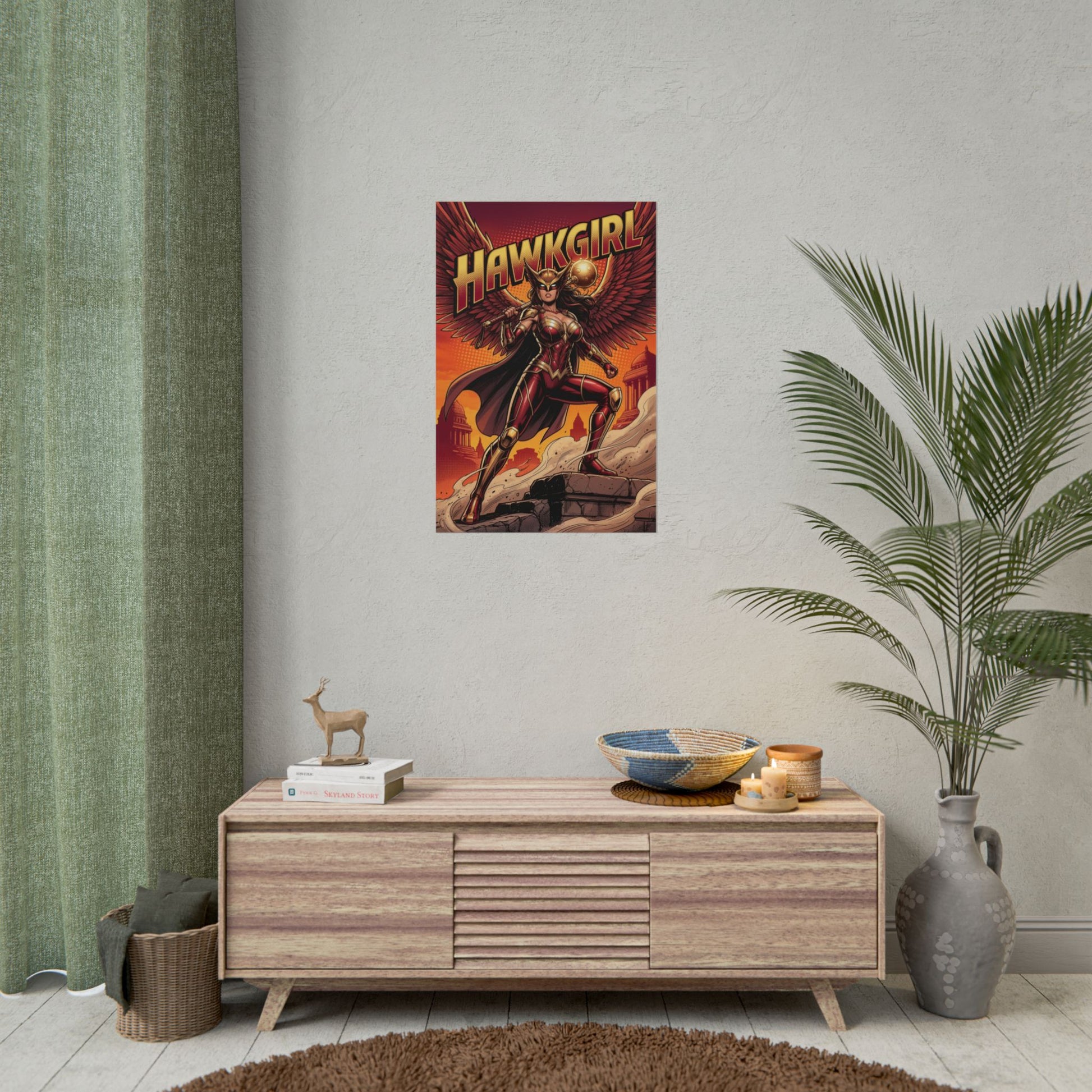 Hawkgirl Poster / Hawkgirl Wall Art / Hawkgirl Art Print / DC Comics Poster - dramatic golden-hour Hawkgirl with mace over city