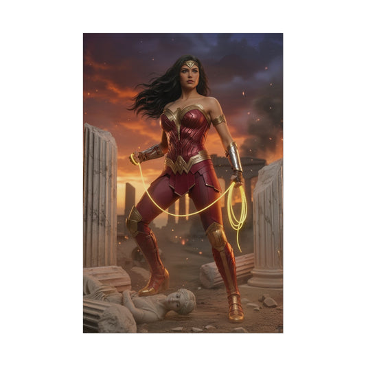 Wonder Woman Poster, DC Comics Art Print – Superhero Wall Art showing Wonder Woman in armor with glowing lasso among ruined columns