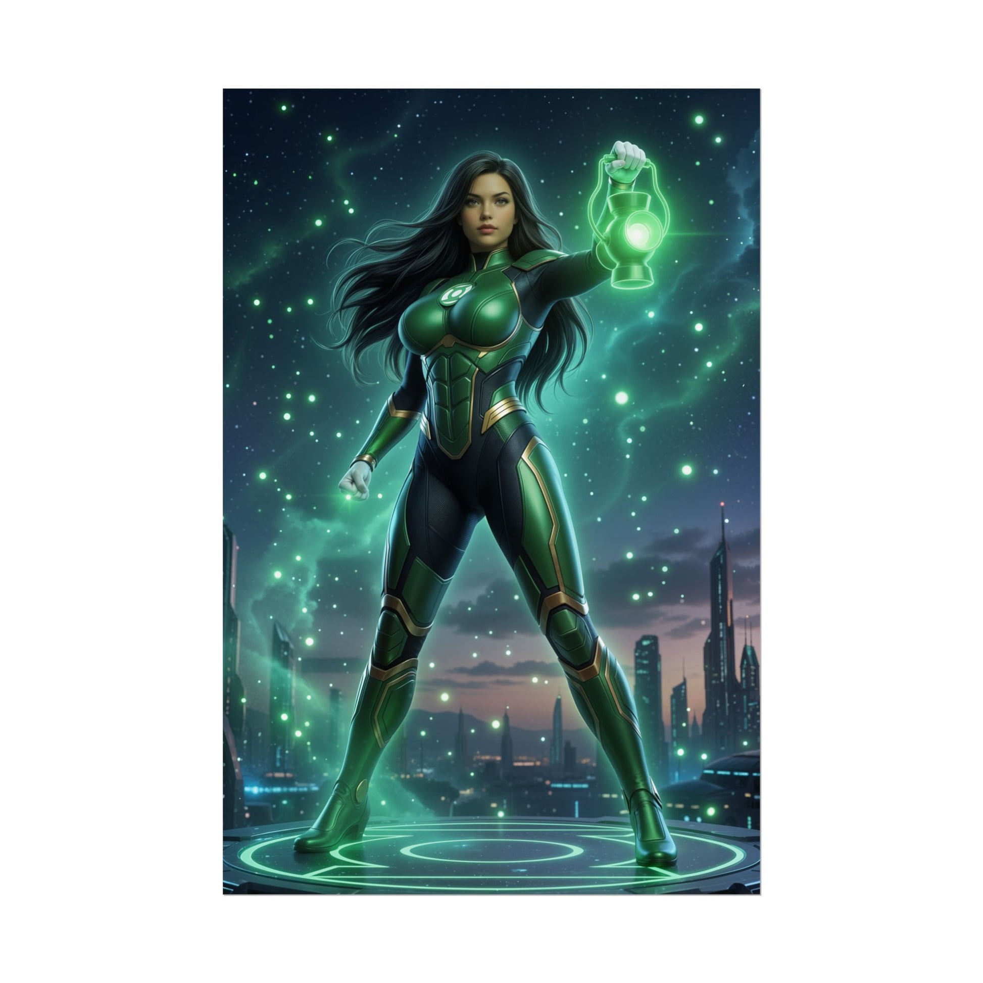 Jessica Cruz Poster, DC Comics Wall Art Print – Heroine Decor featuring Jessica Cruz holding a glowing green lantern in futuristic cityscape