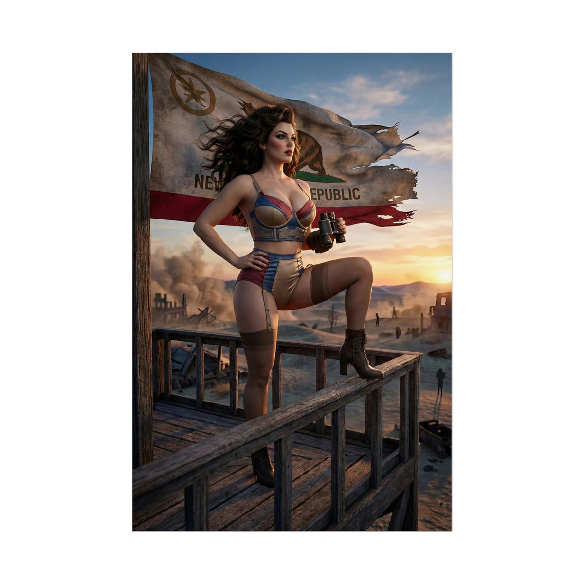Fallout Frontier Woman Poster / Fallout Frontier Wall Art / Fallout Frontier Art Print / Fallout Poster - cinematic female leader overlooking wasteland holding binoculars