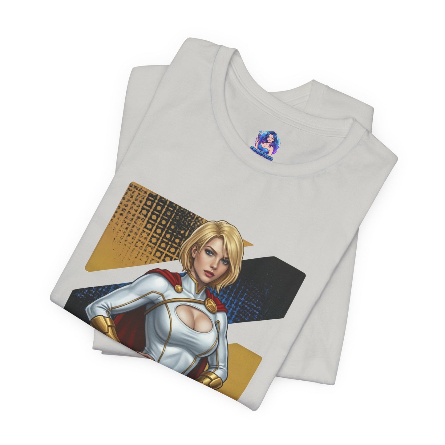 Power Girl T-Shirt | DC Comics Anime Tee for Gamers & Hero Fans white Bella Canvas tee with anime-style Power Girl illustration folded