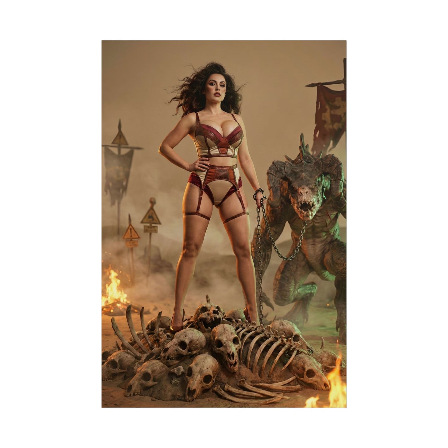 Fallout Queen Woman Poster / Fallout Queen Wall Art / Fallout Queen Art Print / Fallout Poster - powerful queen standing over skulls with armored beast in fiery wasteland