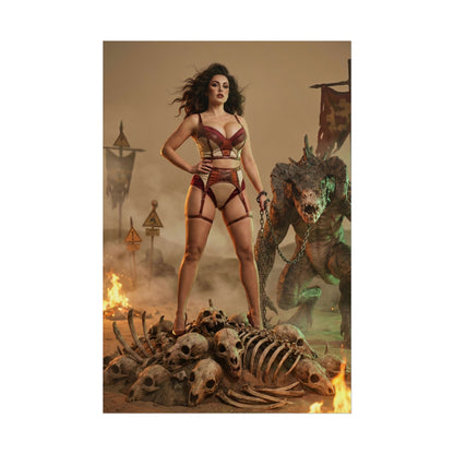 Fallout Queen Woman Poster / Fallout Queen Wall Art / Fallout Queen Art Print / Fallout Poster - powerful queen standing over skulls with armored beast in fiery wasteland