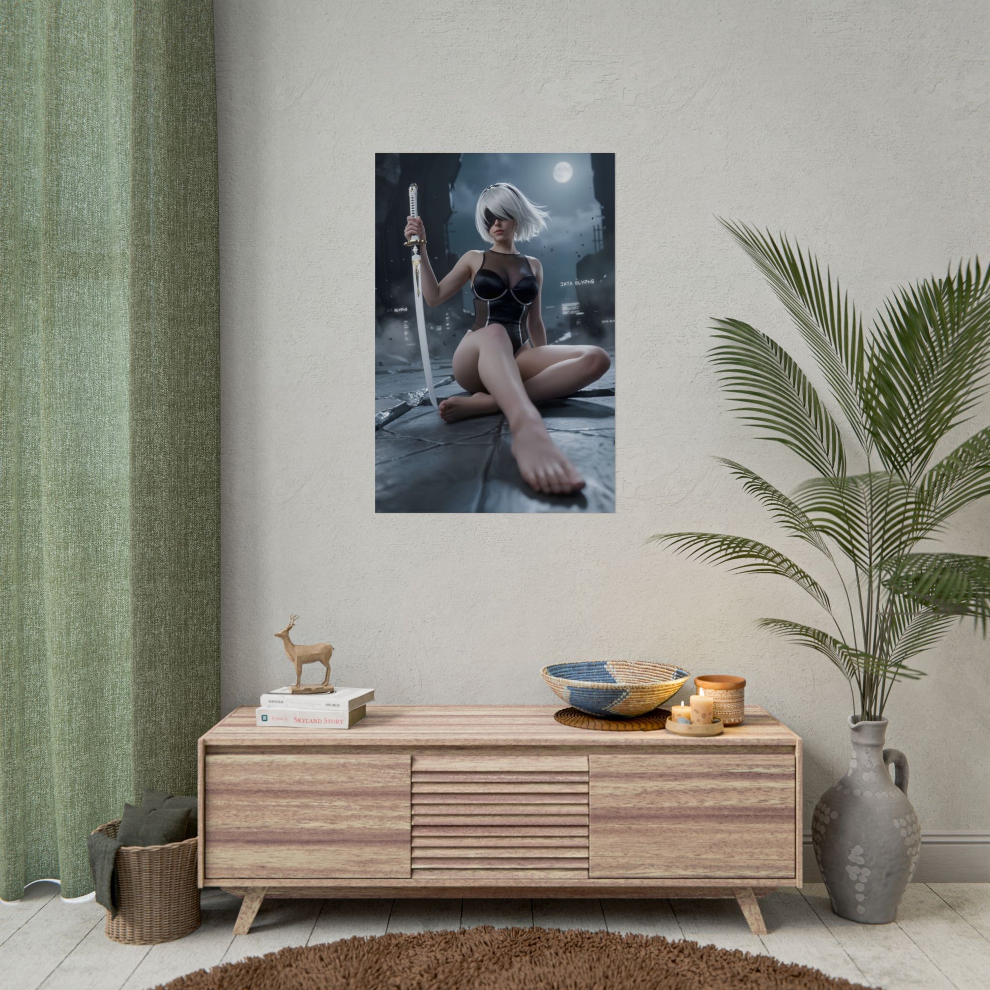 2B Poster / 2B Wall Art / 2B Art Print / NieR Automata Poster showing 2B seated in moonlit ruins with sword, cinematic sci‑fi wall art