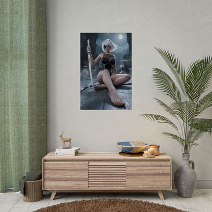 2B Poster / 2B Wall Art / 2B Art Print / NieR Automata Poster showing 2B seated in moonlit ruins with sword, cinematic sci‑fi wall art