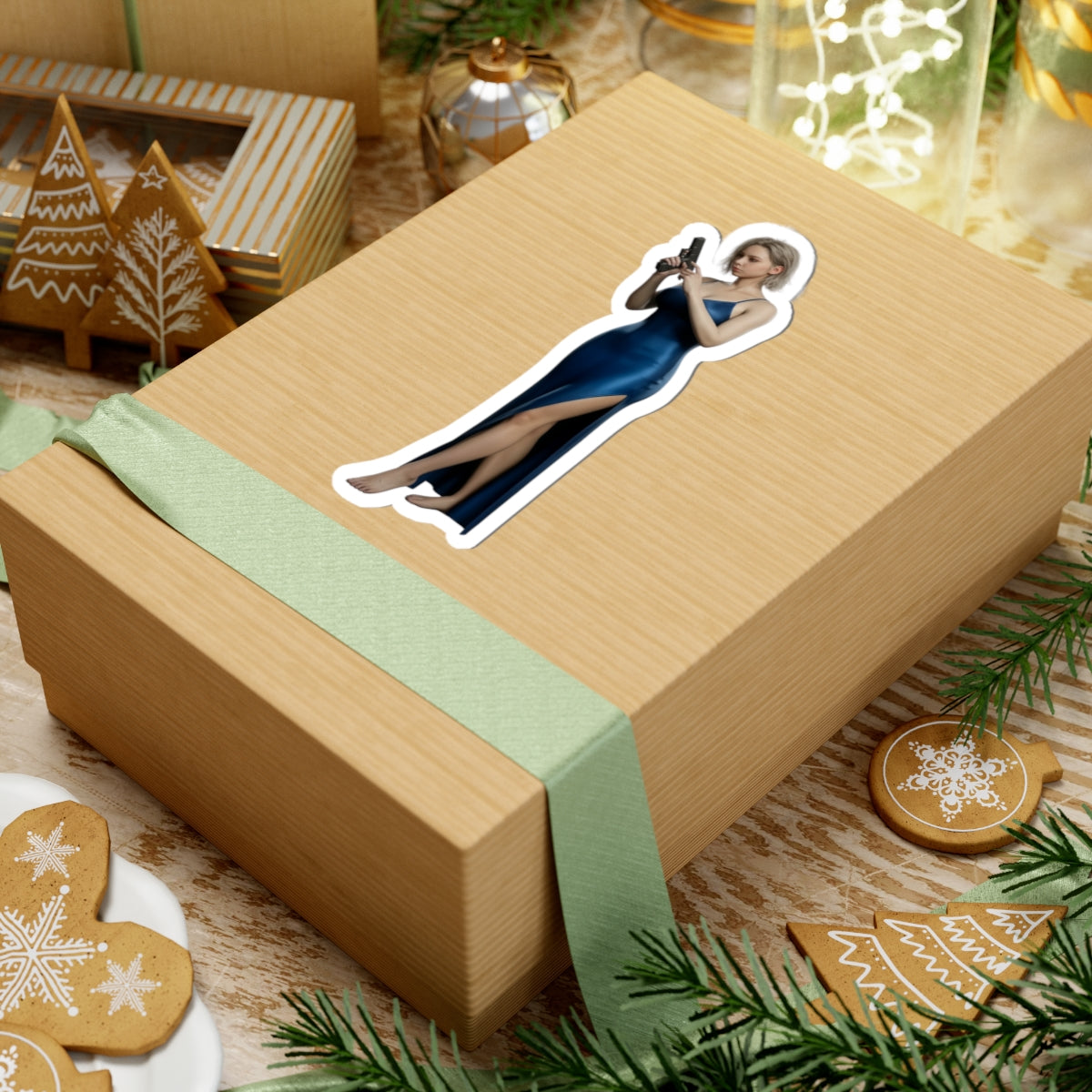 Grace Ashcroft Sticker, Resident Evil Sticker, Vinyl Wall Decor, Gift for Gamer on a gift box showing vinyl sticker of Grace Ashcroft character in blue dress