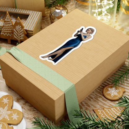 Grace Ashcroft Sticker, Resident Evil Sticker, Vinyl Wall Decor, Gift for Gamer on a gift box showing vinyl sticker of Grace Ashcroft character in blue dress